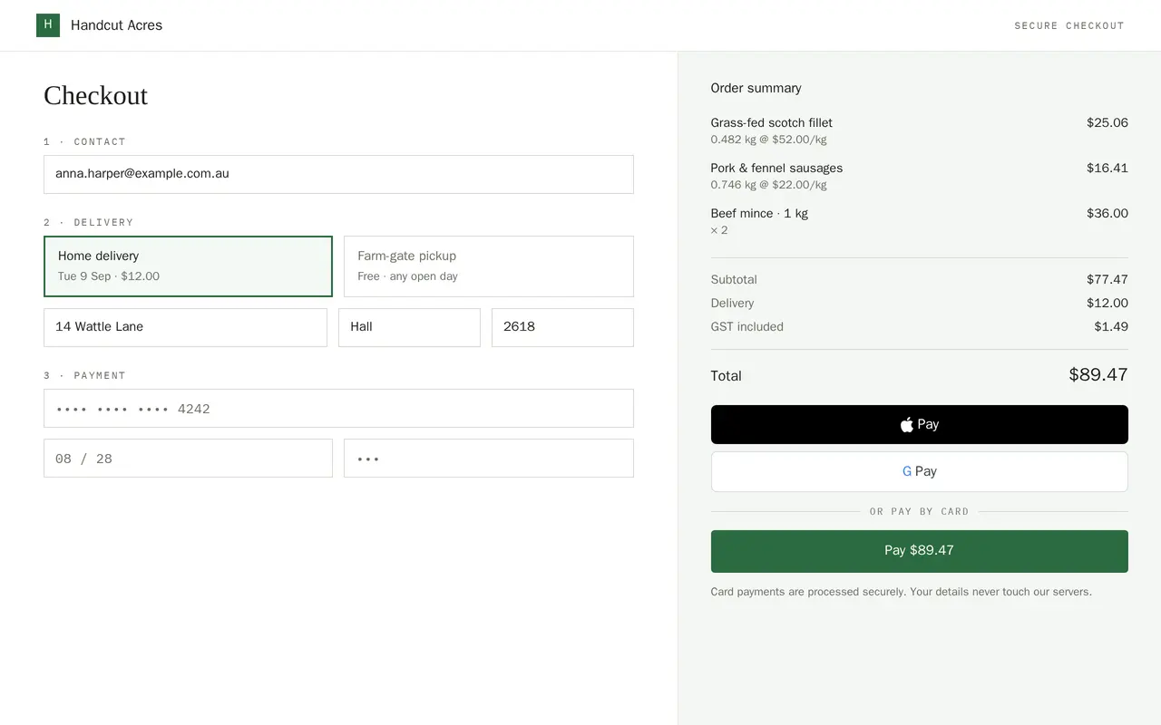 A checkout in three numbered steps — contact, delivery, payment — beside an order summary with the weights each line was priced on, a total, and Apple Pay, Google Pay and card.